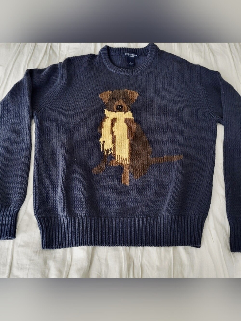 Daniel Cremieux 100% Cotton Crewneck Sweater Featuring A Dog In A Scarf Motif